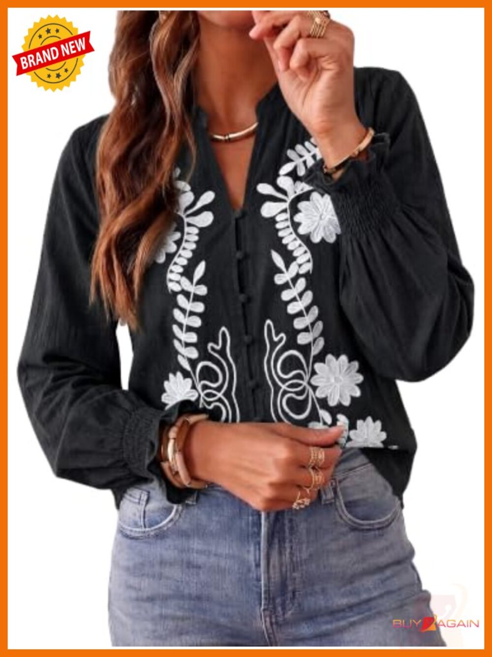 Cotton Boho Floral Embroidered Button Down Blouse Puff Sleeve V Neck Top
